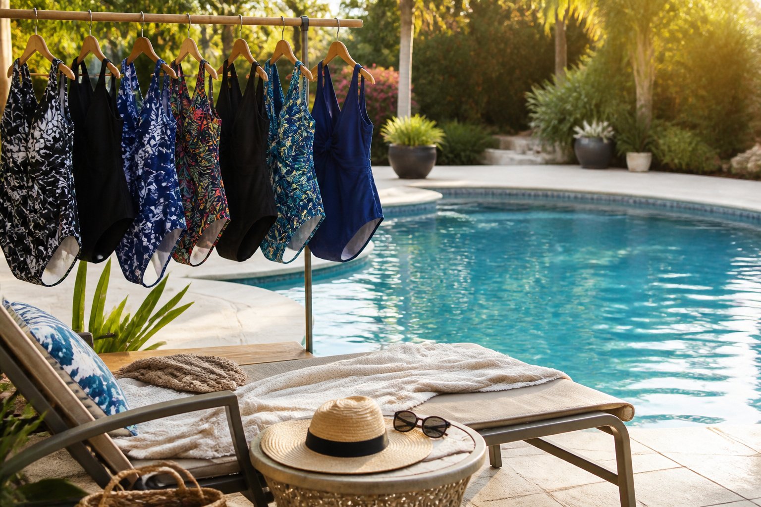 A sunny poolside scene with lounge chairs and a clear blue pool.