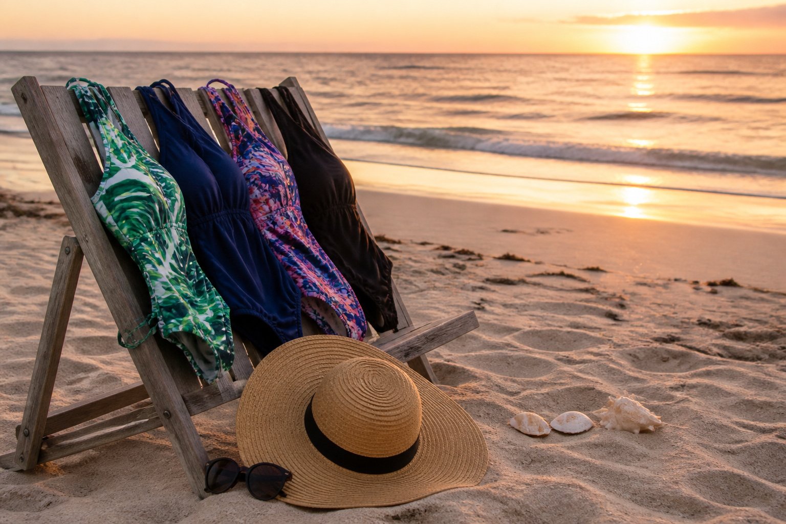 Serene beach setting at sunset with golden light reflecting off water