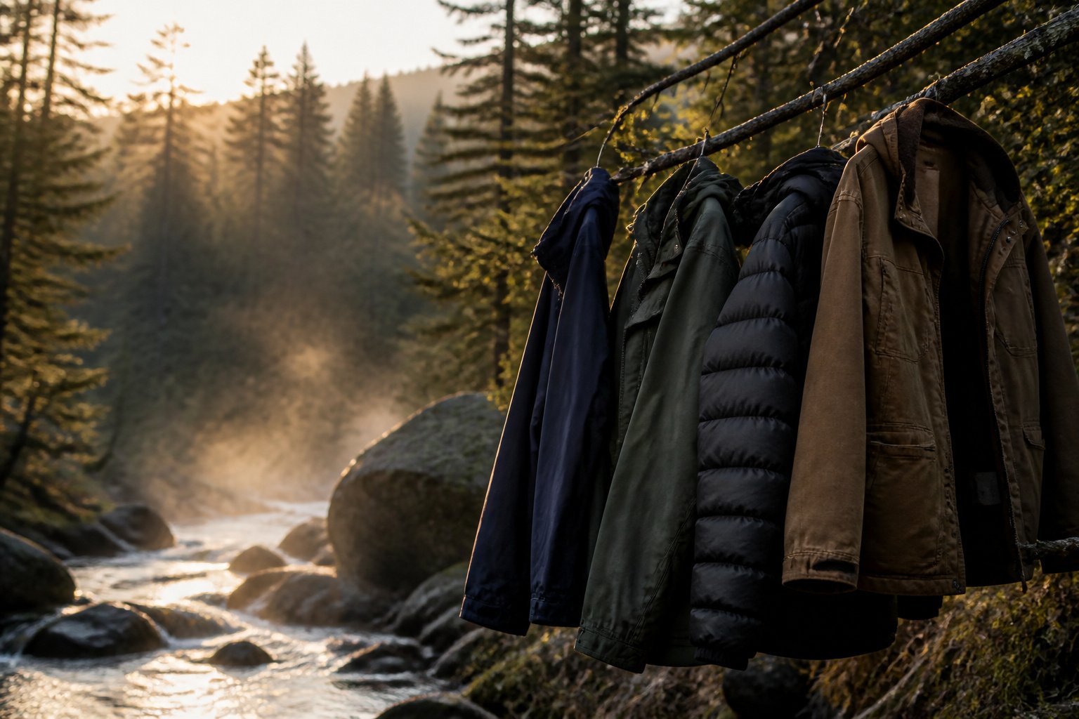 A misty forest at dawn with rugged outdoor elements.