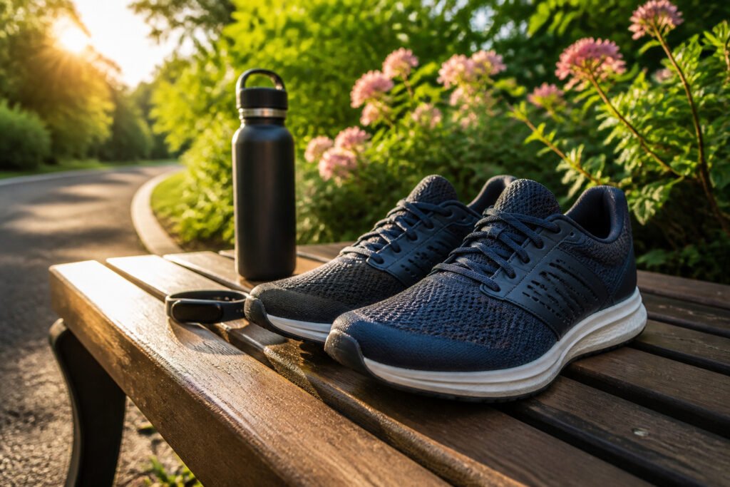 Close-up of stylish athletic shoes on a wooden park bench