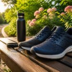Close-up of stylish athletic shoes on a wooden park bench