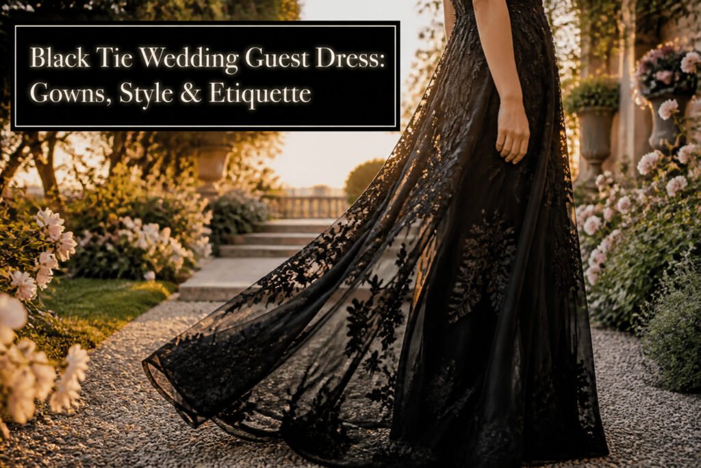 A black tie wedding guest dress displayed on a mannequin in a formal setting.