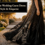 A black tie wedding guest dress displayed on a mannequin in a formal setting.