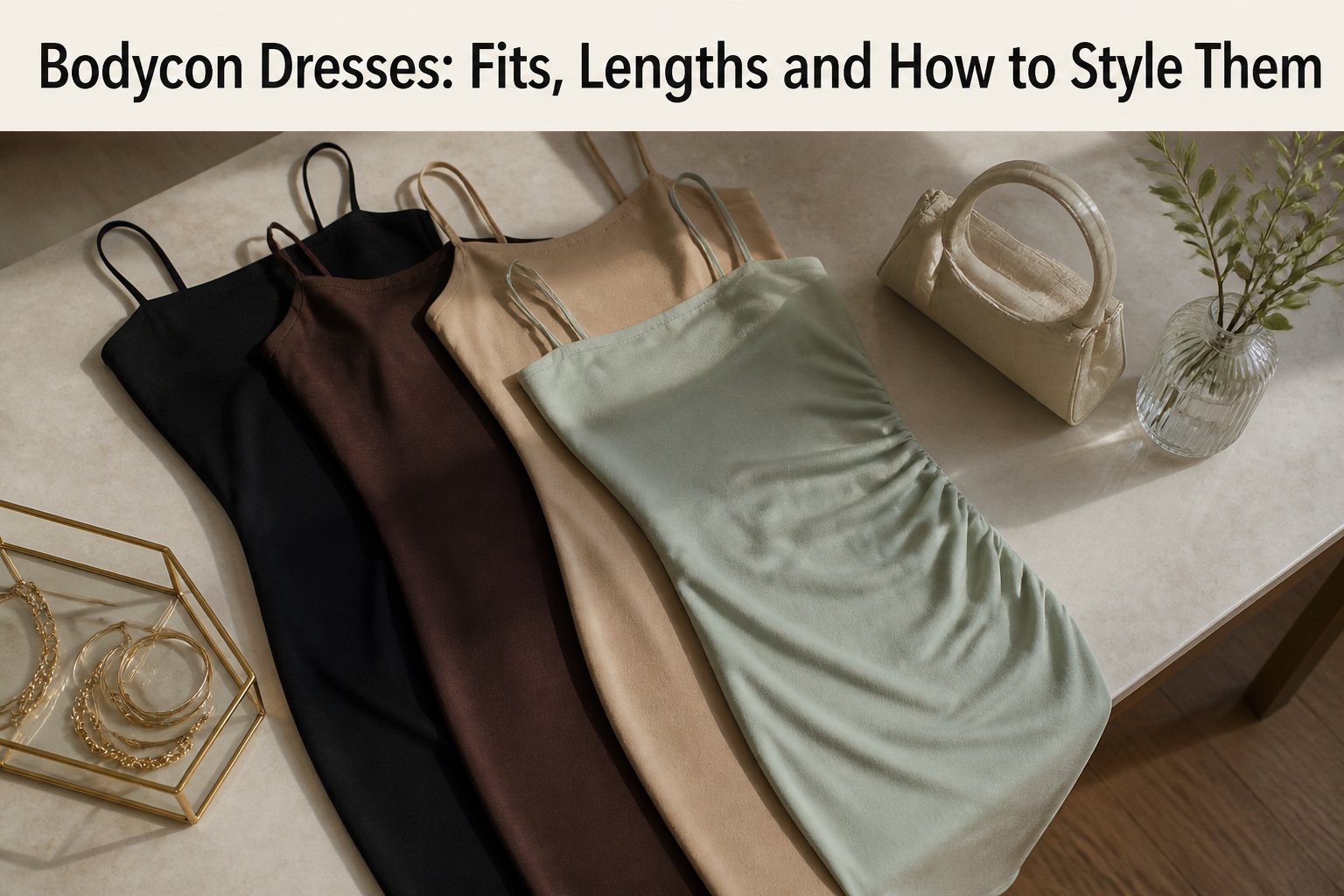 A variety of bodycon dresses displayed together in different styles.