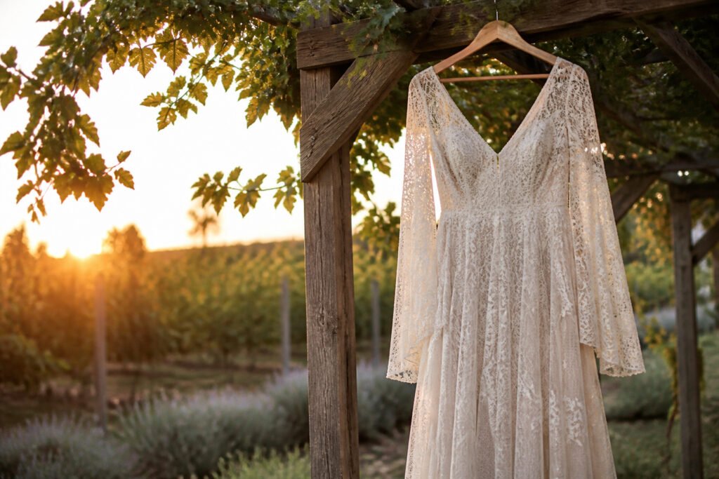 A bride wearing a boho wedding dress in a natural outdoor setting.