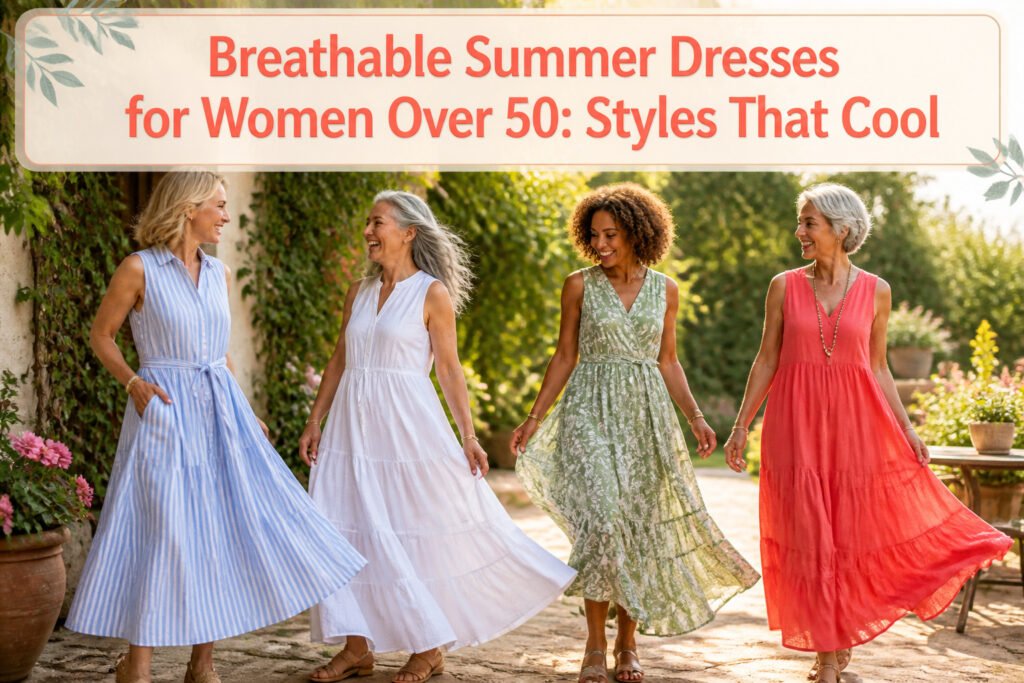Various breathable summer dresses displayed on hangers in a bright setting.
