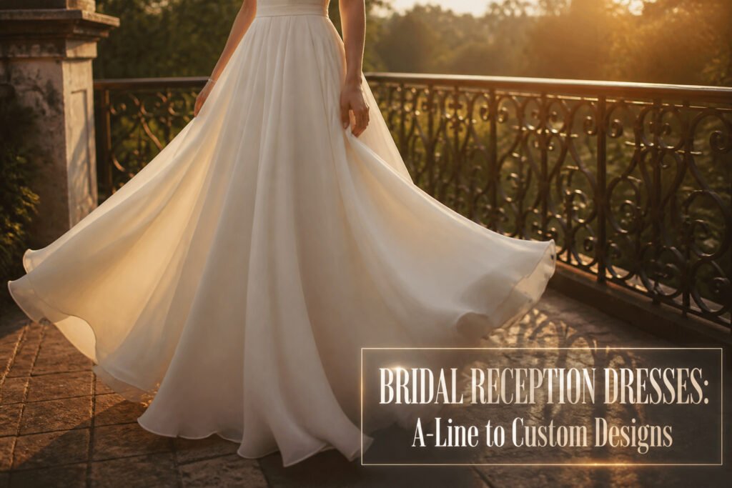 A custom bridal dress in ivory fabric with beading and fabric swatches.