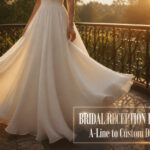 A custom bridal dress in ivory fabric with beading and fabric swatches.