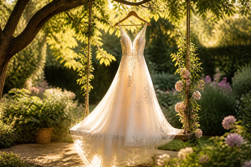 A model wearing a sustainable bridal gown surrounded by flowers and greenery.