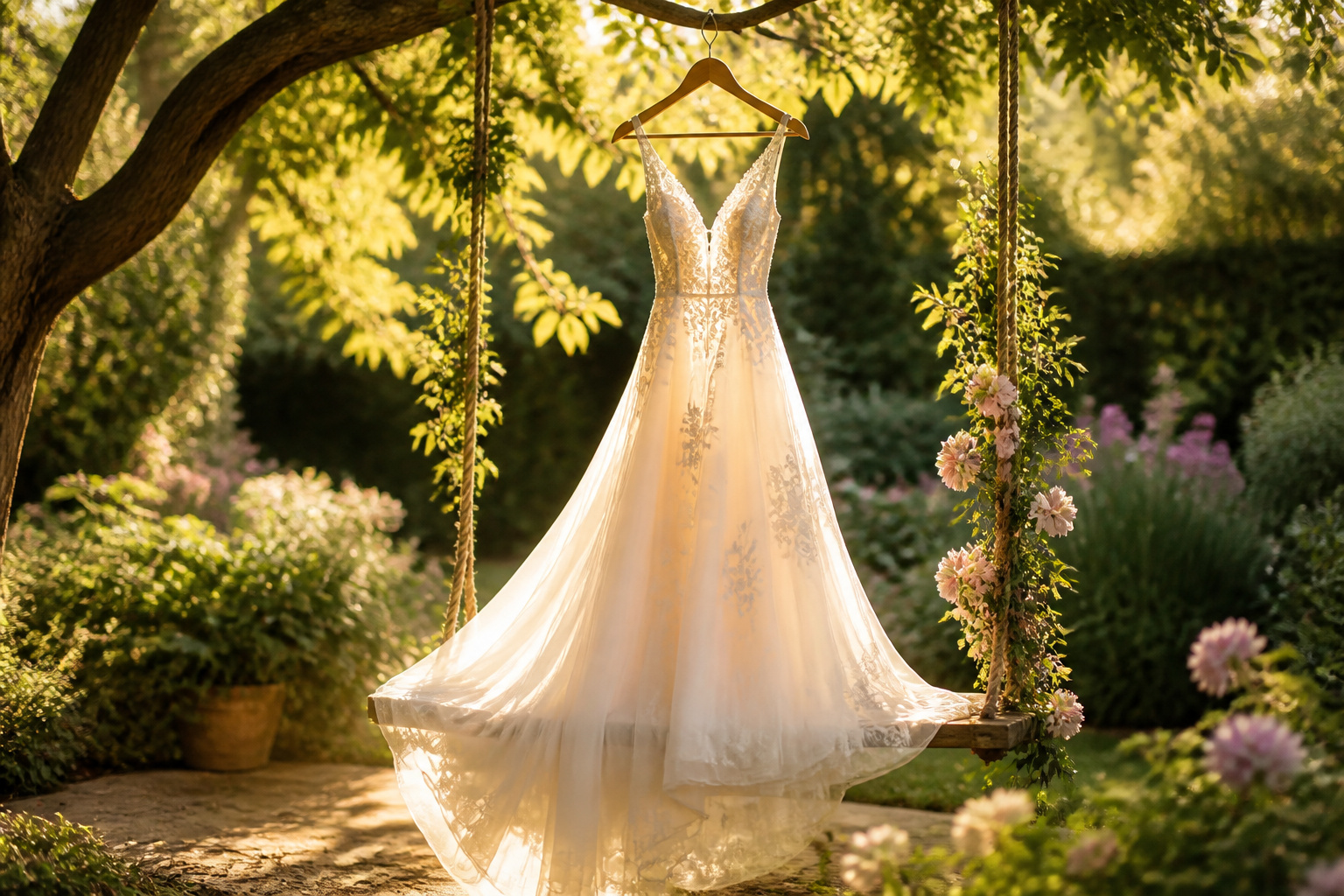 A model wearing a sustainable bridal gown surrounded by flowers and greenery.