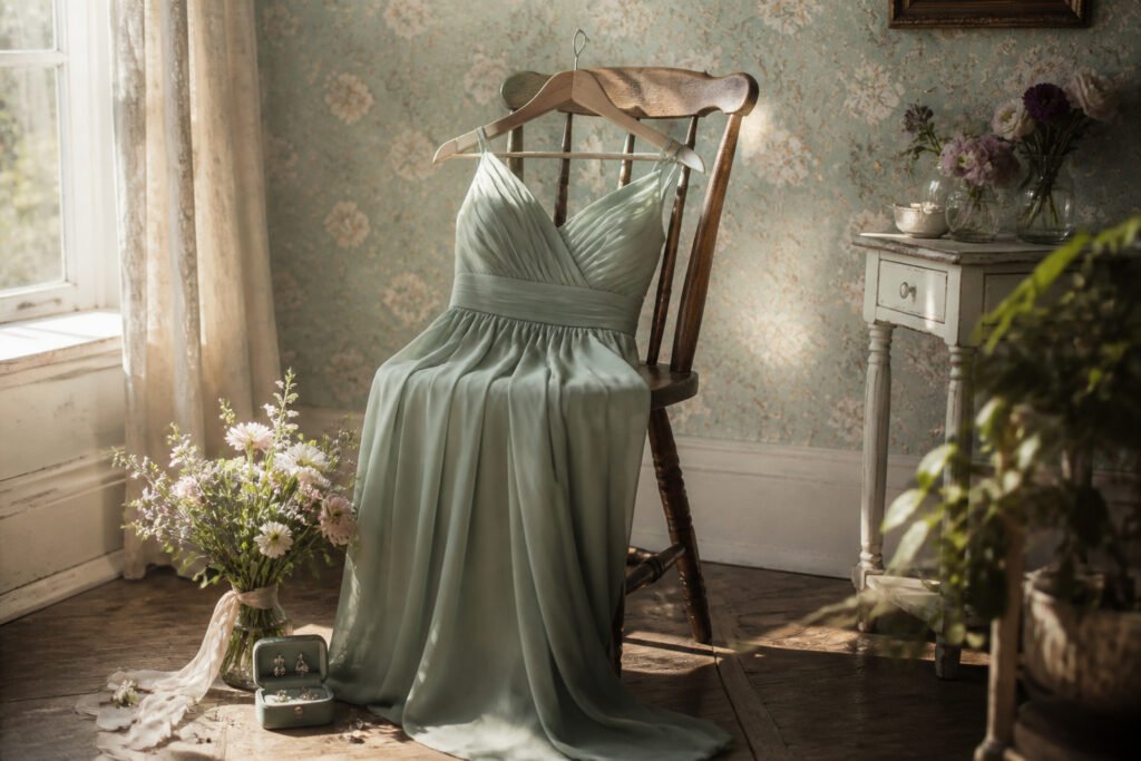 Bridesmaid dresses in multiple colors and styles arranged for display.