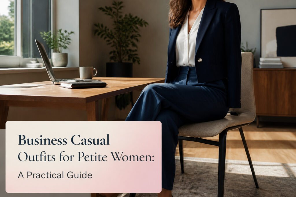 Various business casual outfits displayed for petite women.