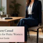 Various business casual outfits displayed for petite women.