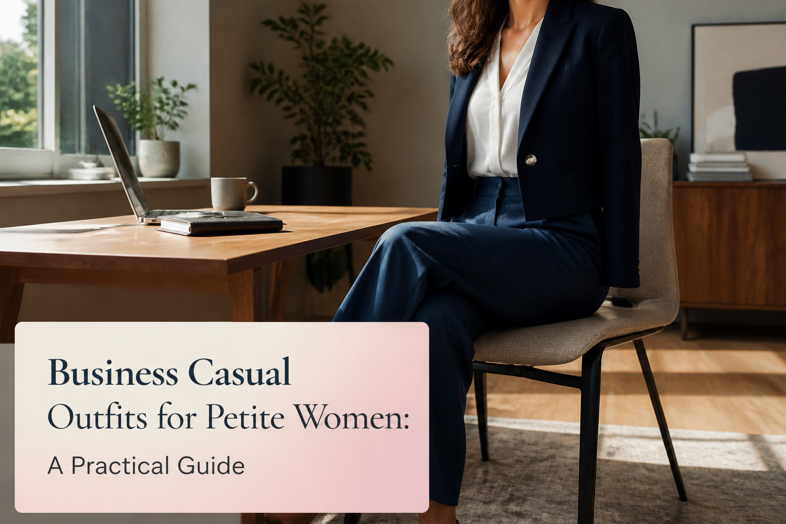 Various business casual outfits displayed for petite women.