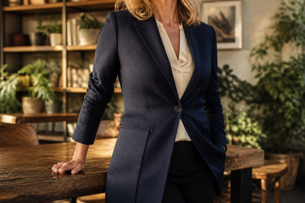 Business casual outfit essentials for women over 50 displayed together.