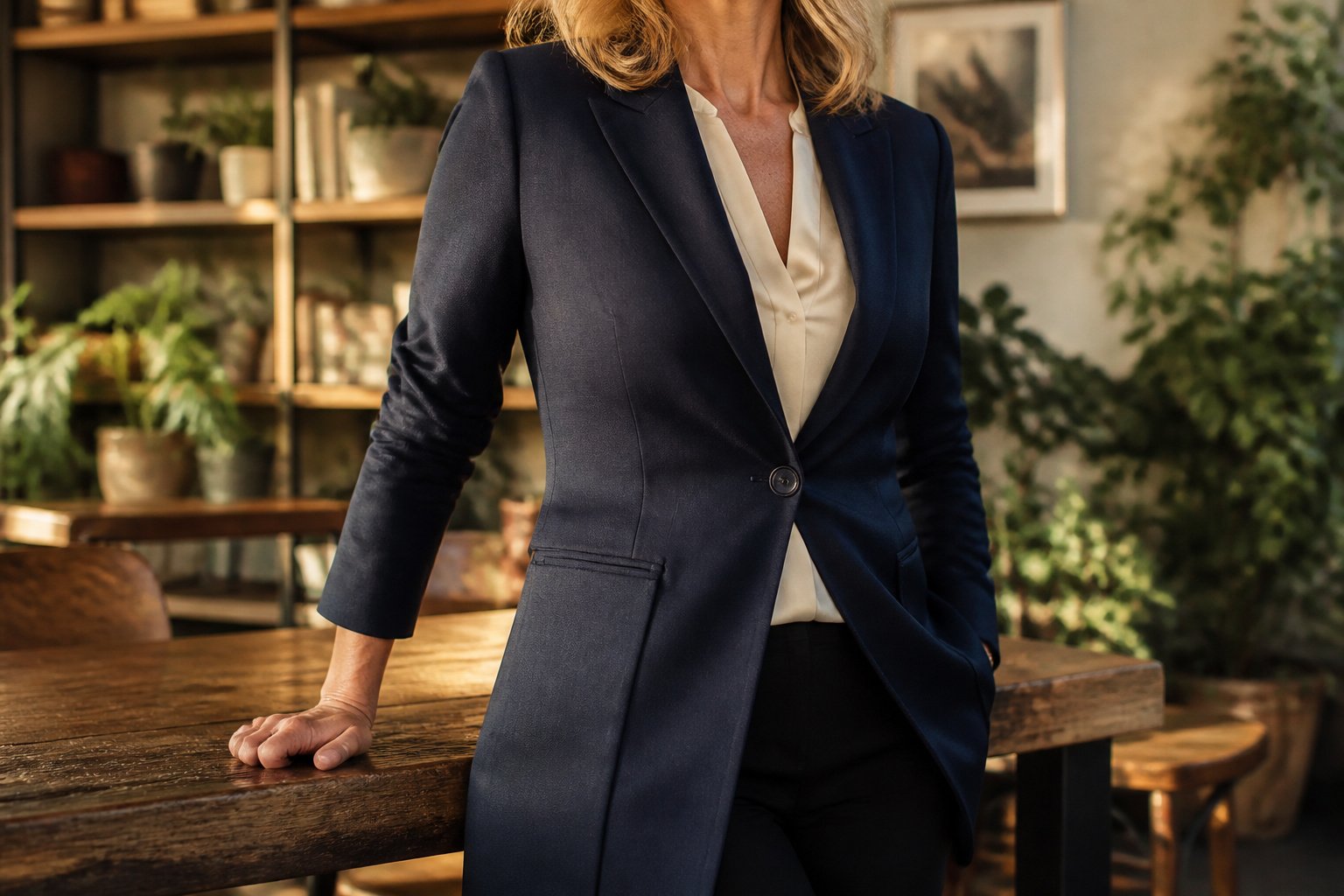 Business casual outfit essentials for women over 50 displayed together.