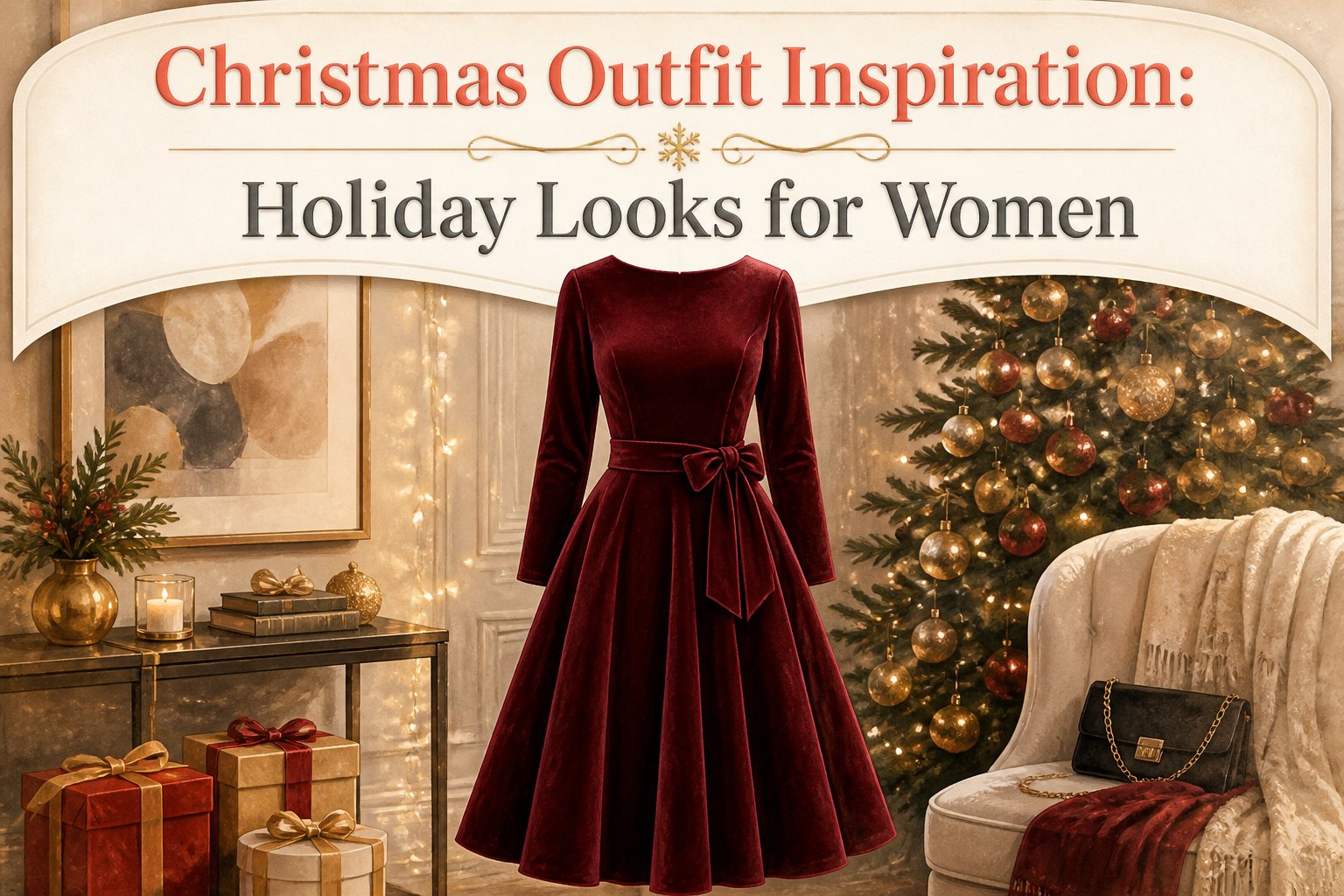 Various Christmas outfits displayed on mannequins and a festive backdrop.