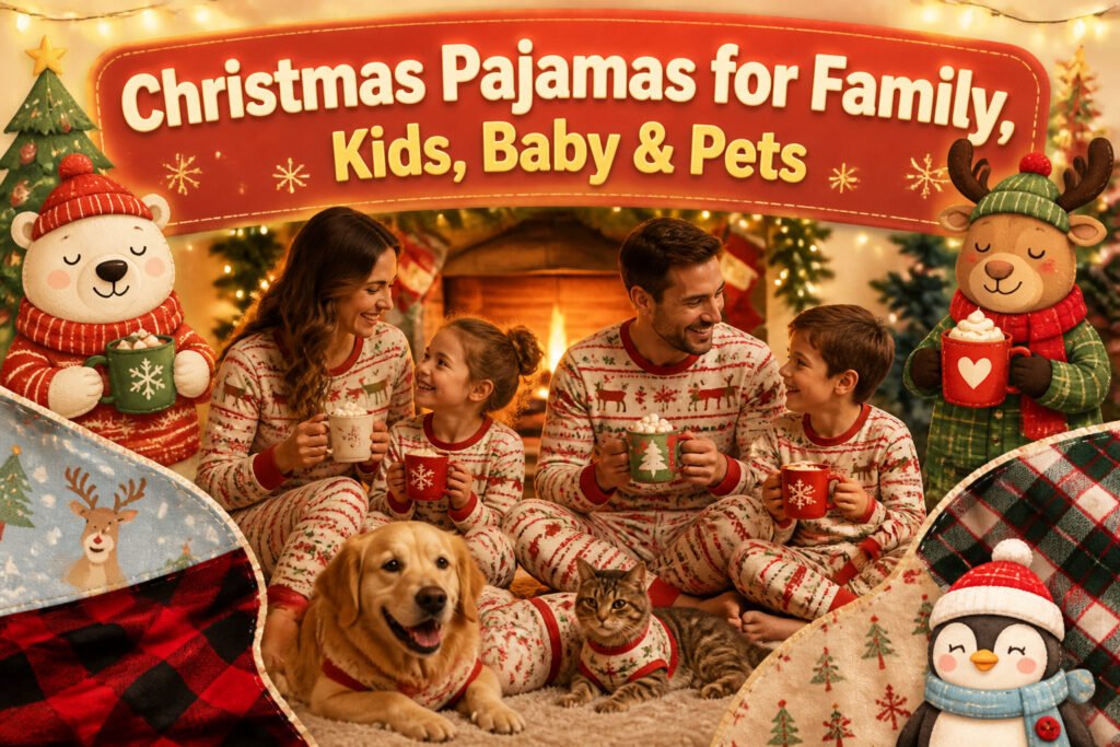 Family wearing matching Christmas pajamas in a festive living room setting.