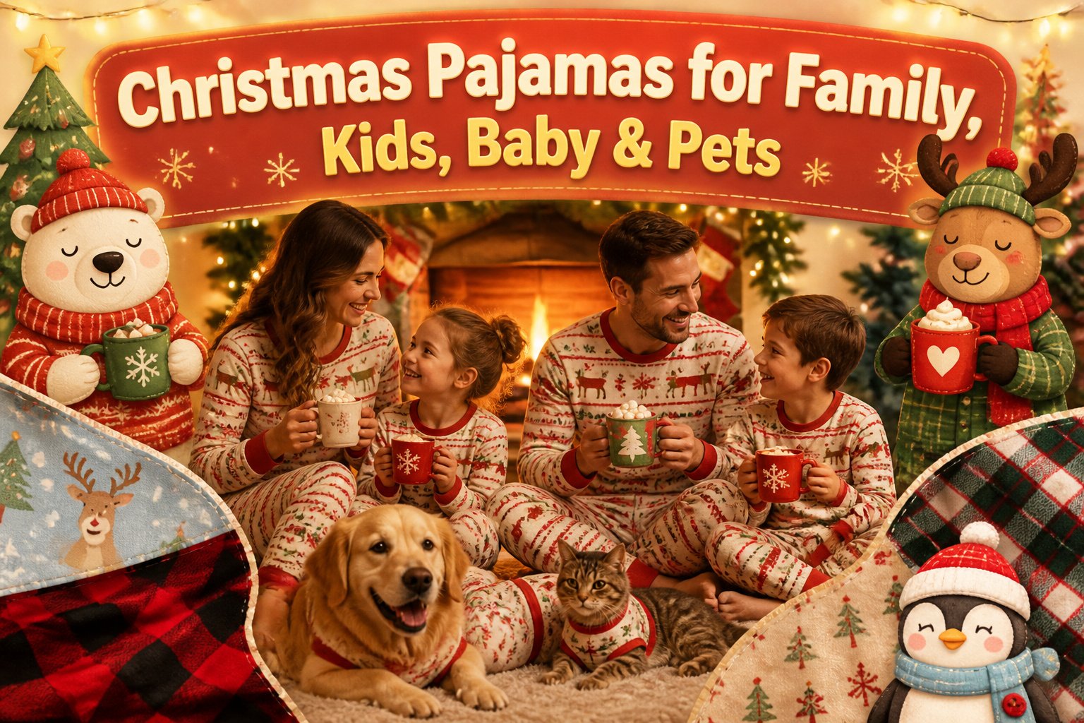 Family wearing matching Christmas pajamas in a festive living room setting.