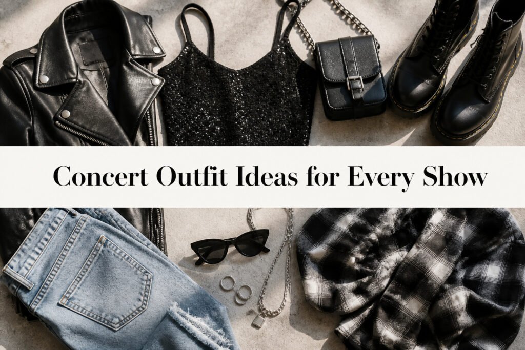 Various concert outfits displayed on hangers with colorful lighting.