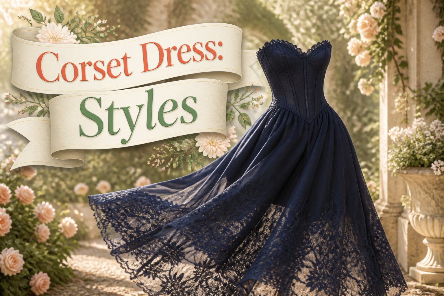 A collection of corset dresses displayed in a boutique setting.