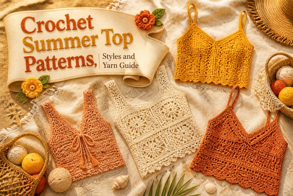 Various crochet summer tops hanging in a bright outdoor setting.