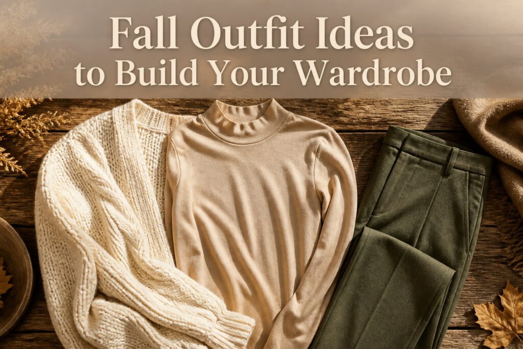 A collection of fall outfit ideas featuring various clothing items and textures.