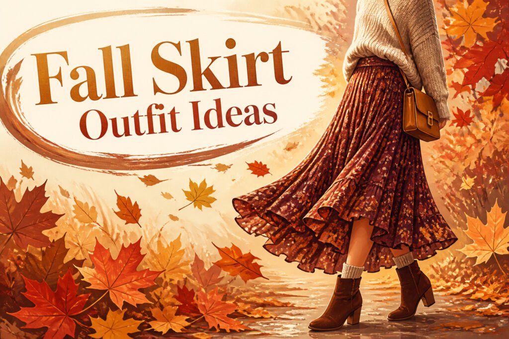 A collage of various fall skirt outfits styled for autumn.