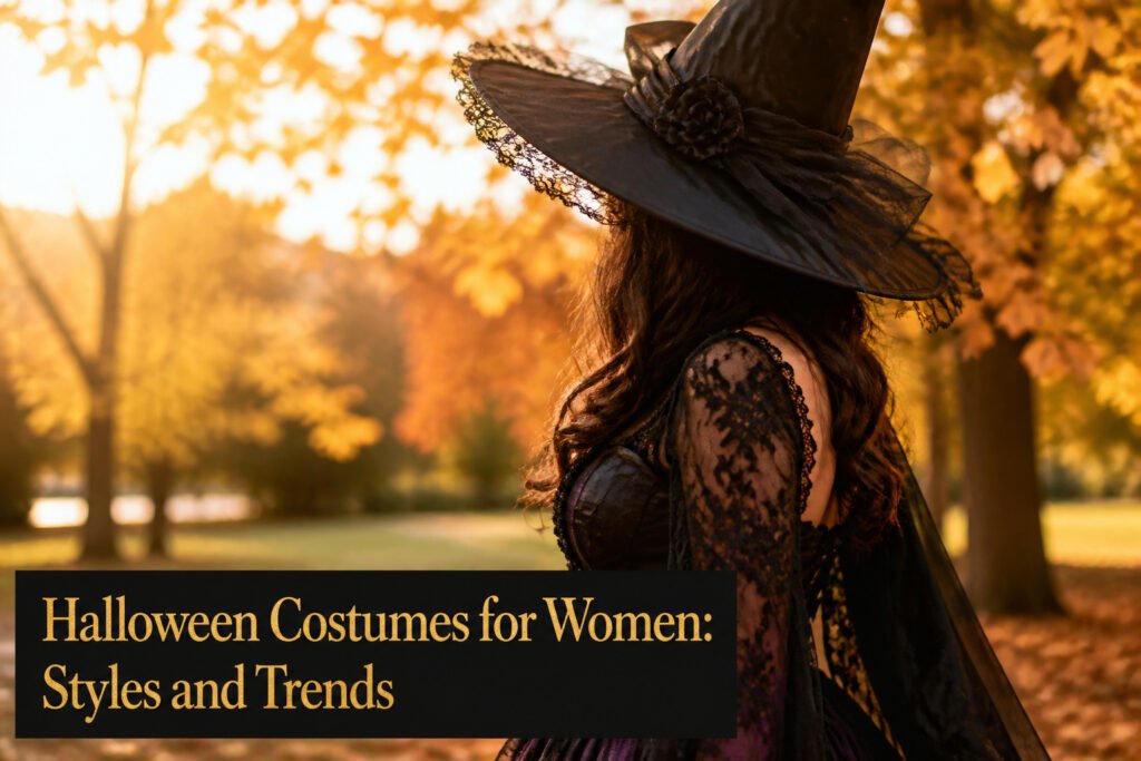 Various women's Halloween costumes displayed together, highlighting different styles.