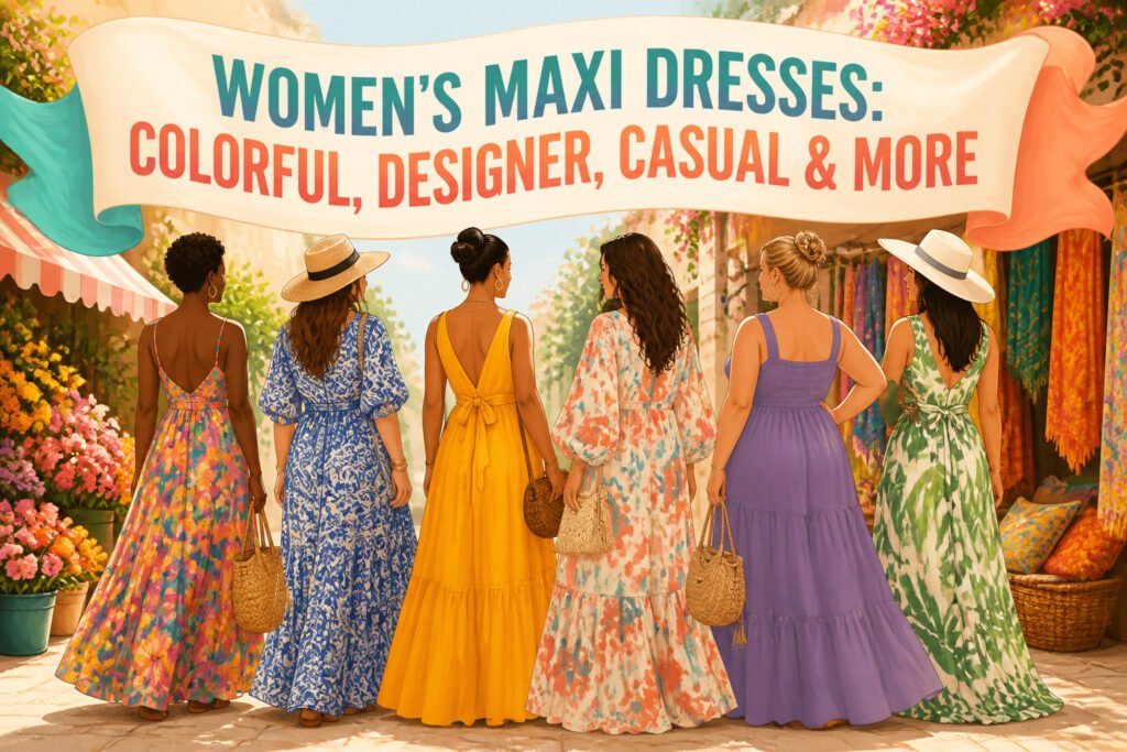 A variety of colorful maxi dresses displayed on hangers.