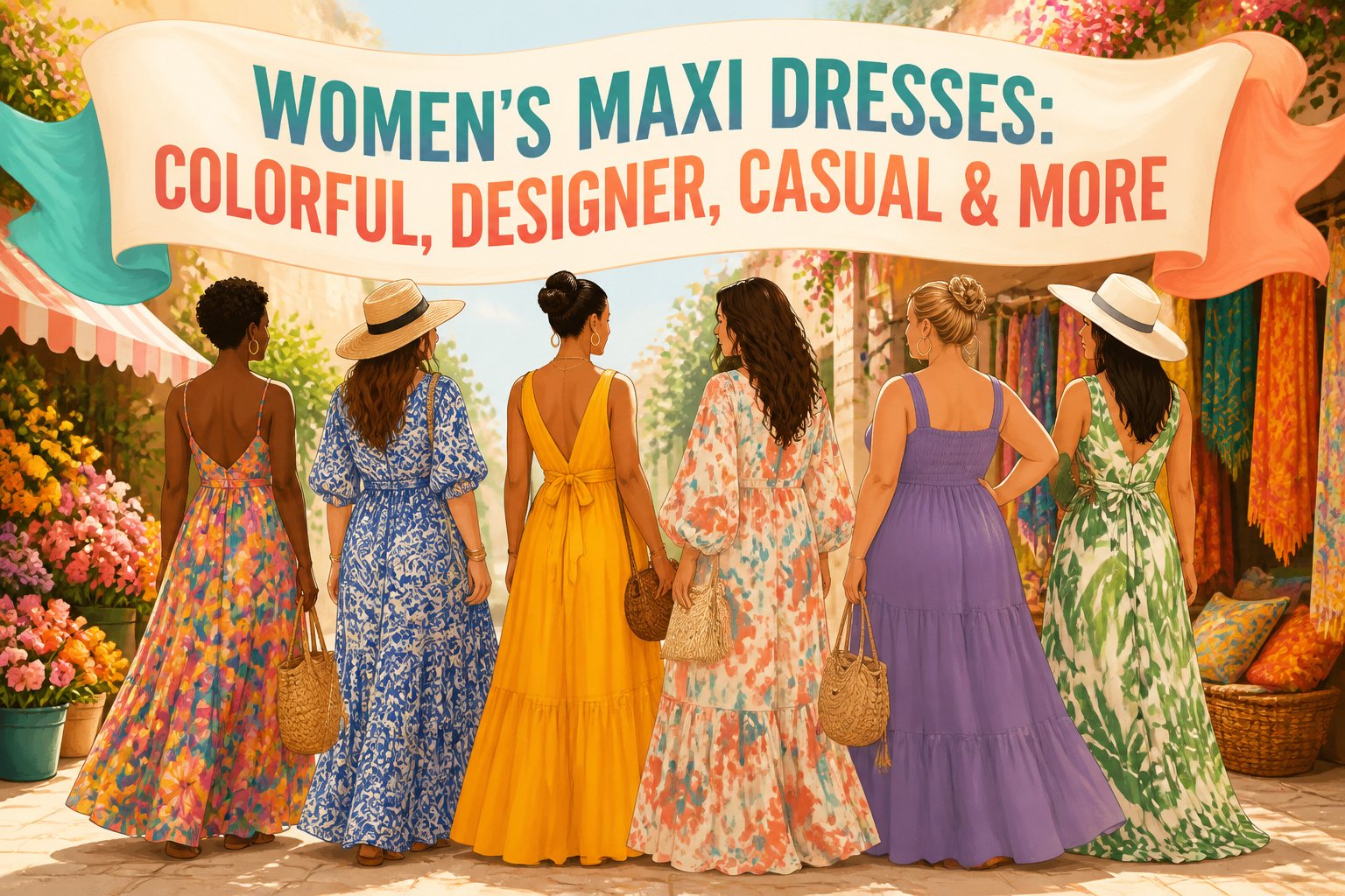A variety of colorful maxi dresses displayed on hangers.