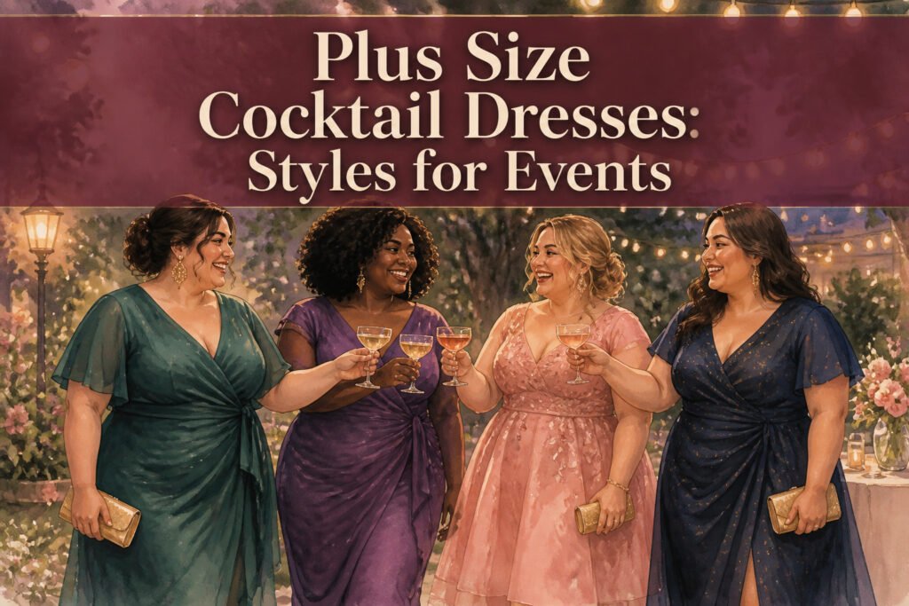Various plus size cocktail dresses displayed in different styles and colors.