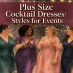 Various plus size cocktail dresses displayed in different styles and colors.