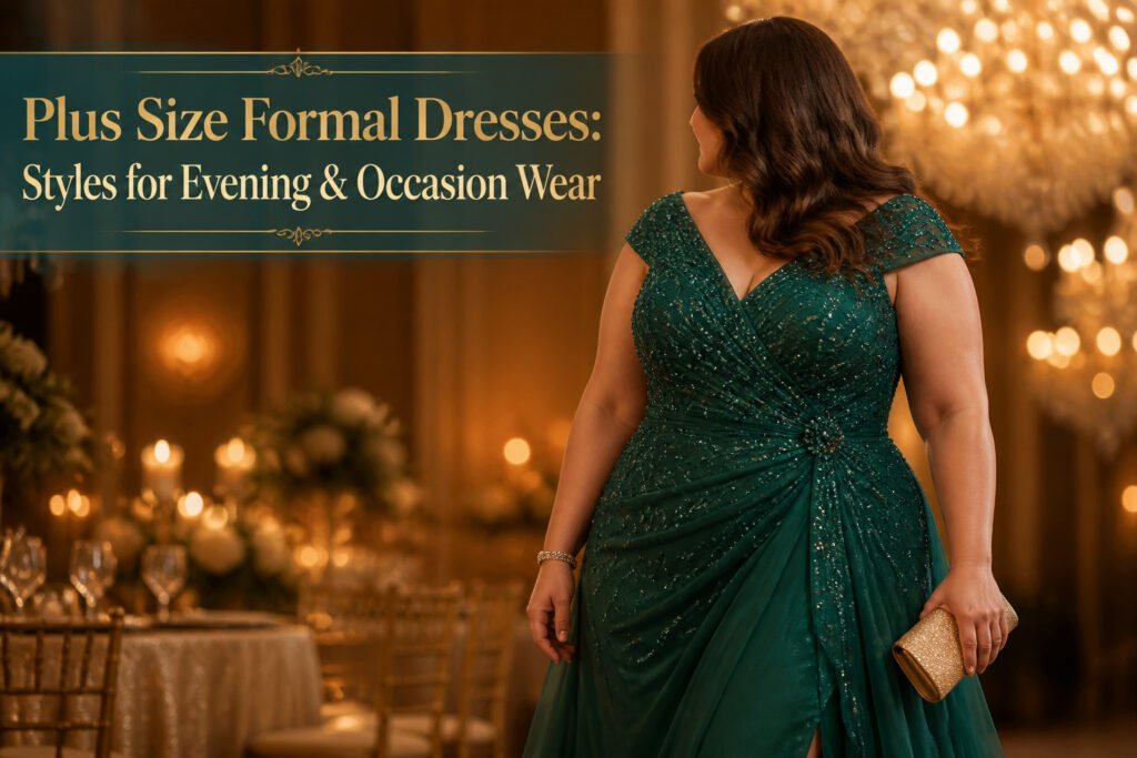 A collection of plus size formal dresses displayed on hangers.