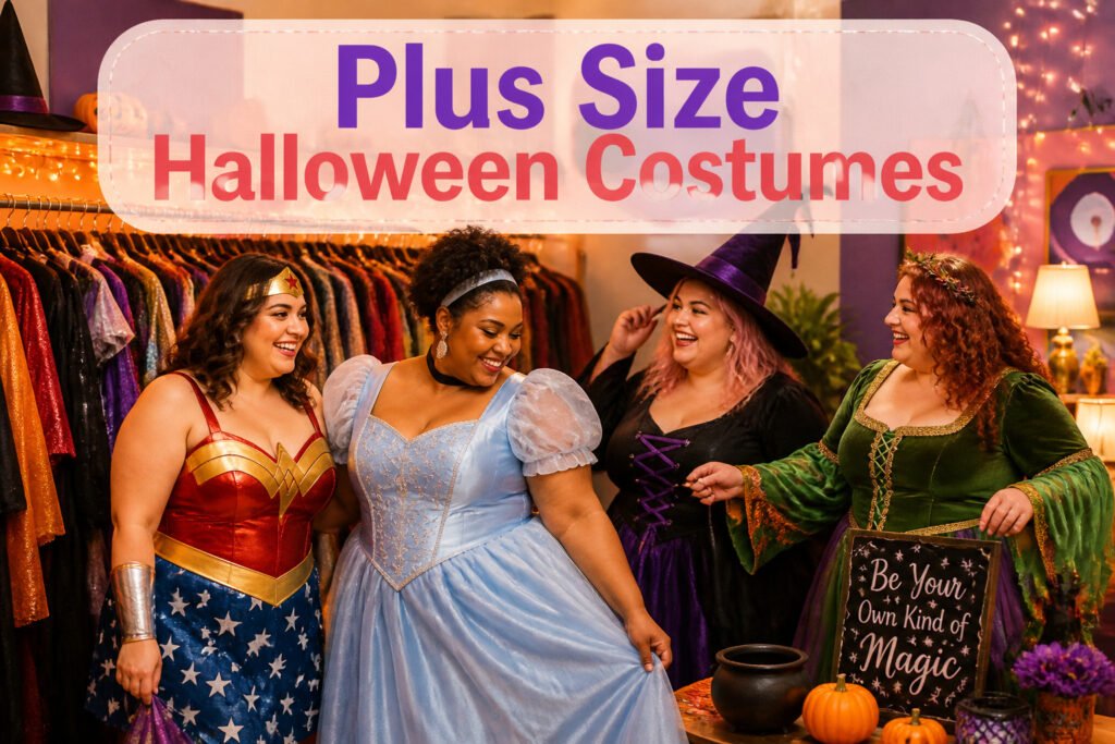 Various plus-size Halloween costumes displayed on mannequins.