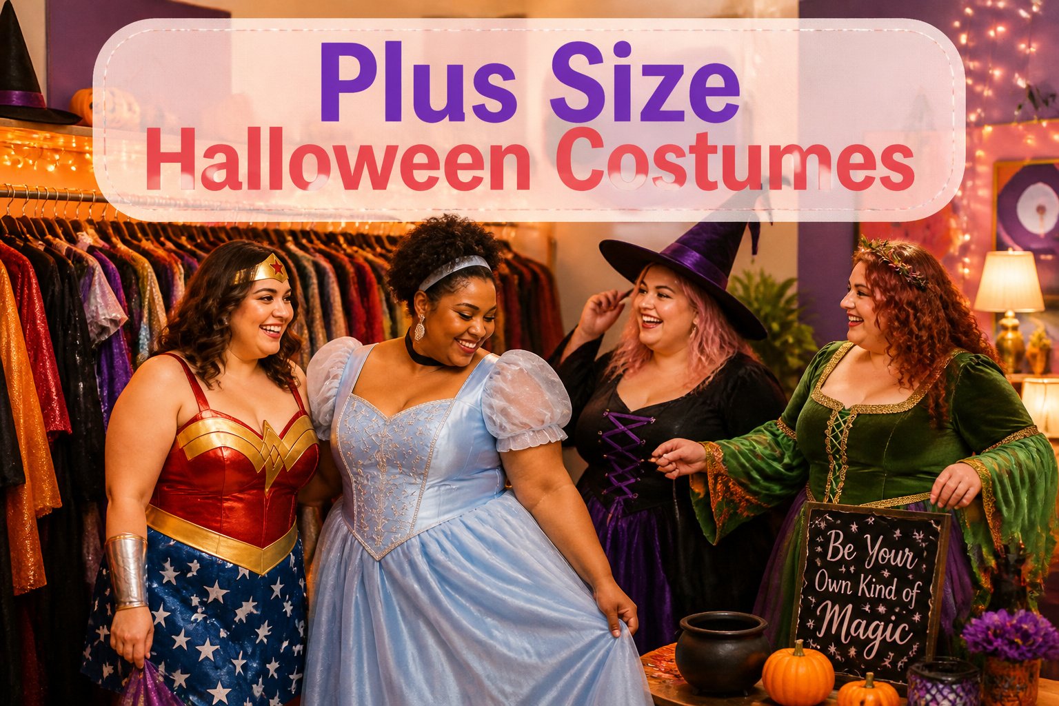 Various plus-size Halloween costumes displayed on mannequins.