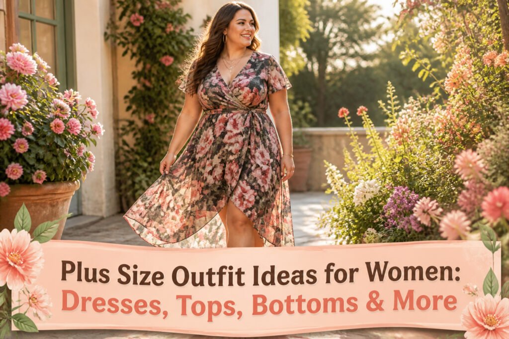 A model wearing various plus size outfits in a fashion setting.