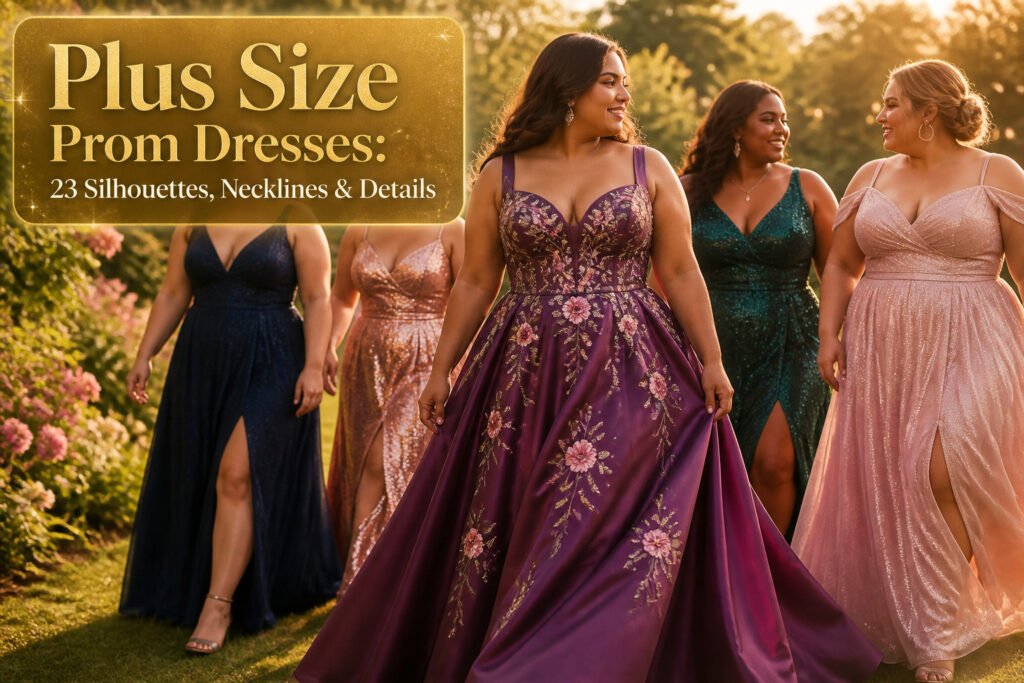 A collection of plus-size prom dresses in different styles and colors.