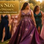 A collection of plus-size prom dresses in different styles and colors.