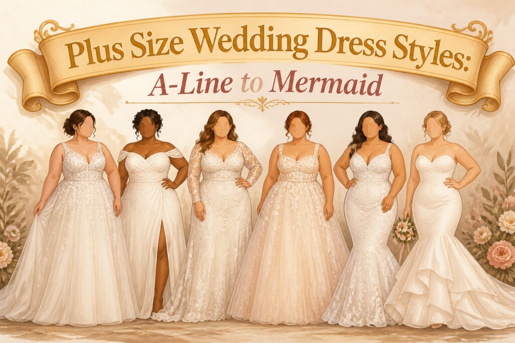 Multiple plus-size wedding dresses displayed in different styles and colors.