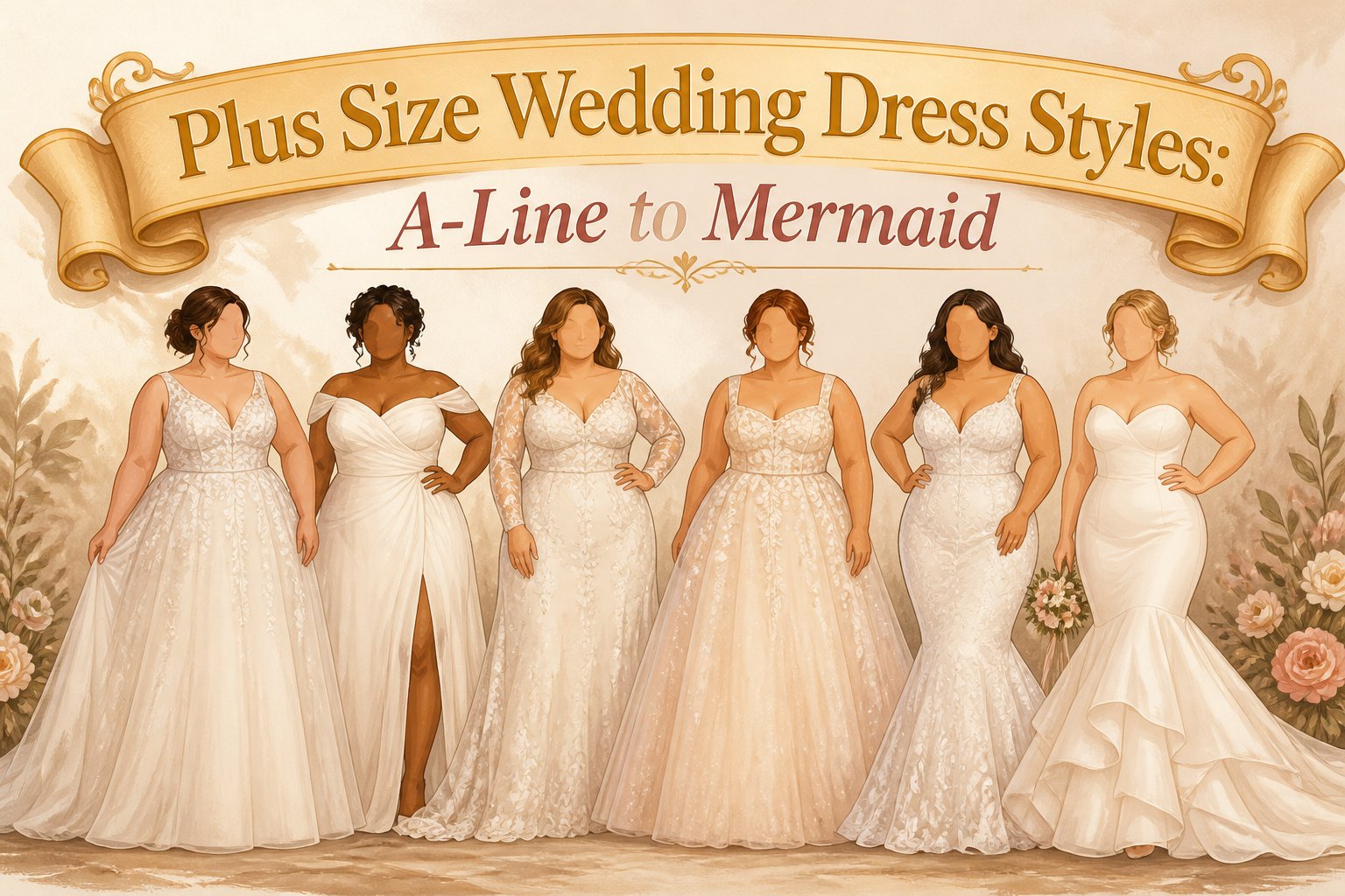 Multiple plus-size wedding dresses displayed in different styles and colors.