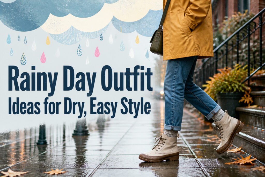 A model wearing a bright raincoat and stylish footwear on a rainy street.