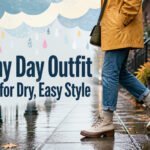 A model wearing a bright raincoat and stylish footwear on a rainy street.