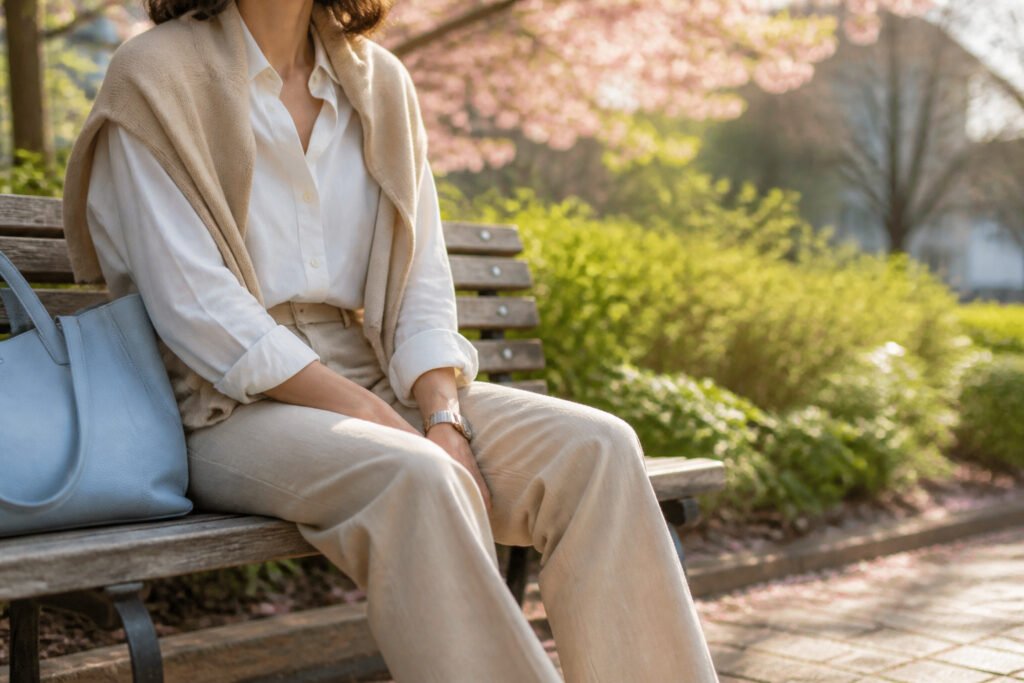 A collage of various spring business casual outfits for women.