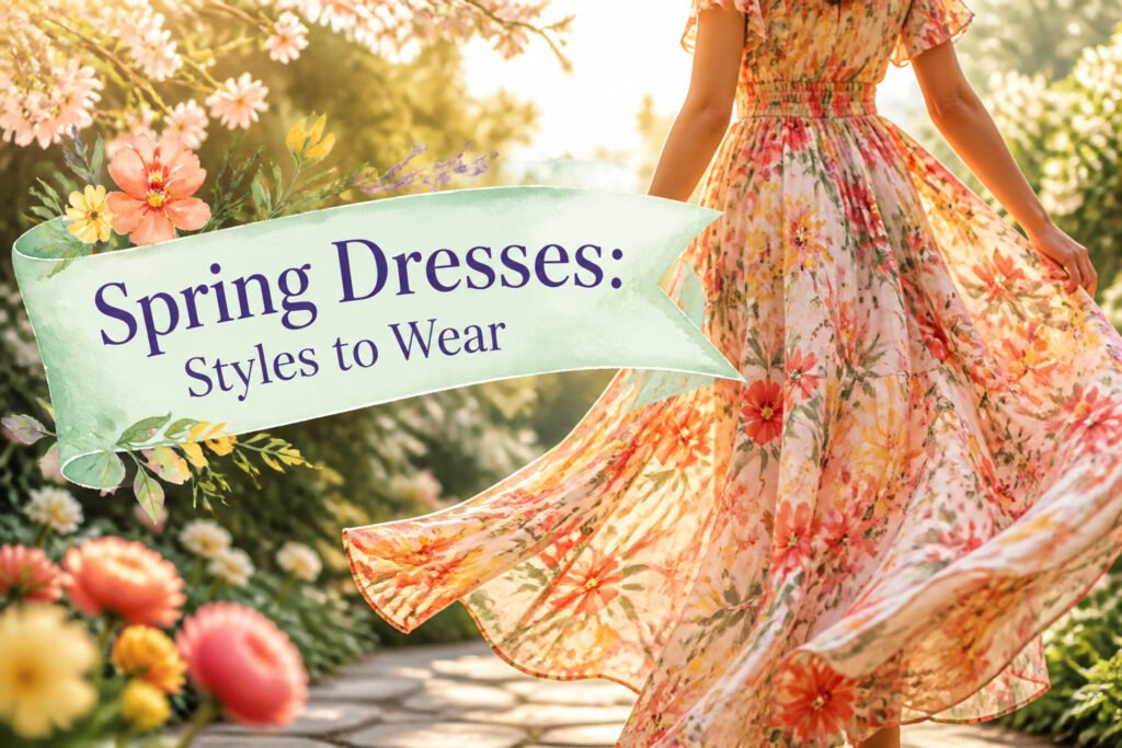 A variety of spring dresses displayed together in different styles and colors.