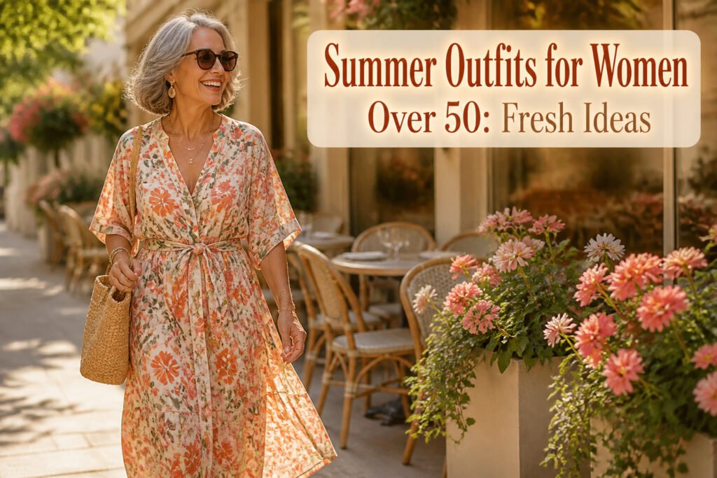 A woman modeling summer outfits suitable for women over 50.