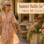 A woman modeling summer outfits suitable for women over 50.