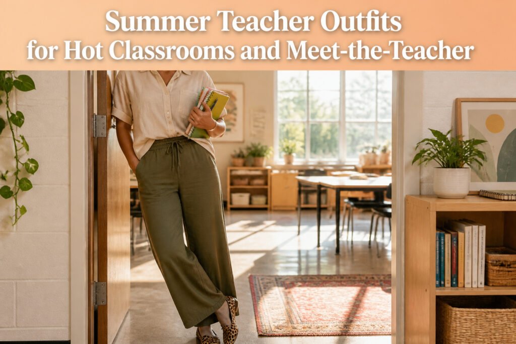 A collection of summer teacher outfits displayed in a bright classroom.
