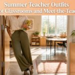 A collection of summer teacher outfits displayed in a bright classroom.