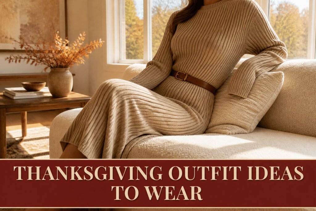 A model wearing Thanksgiving outfits in a cozy setting.